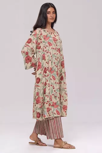 Vintage beige and rose floral print kurta and stripe bottom set