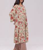Vintage beige and rose floral print kurta and stripe bottom set