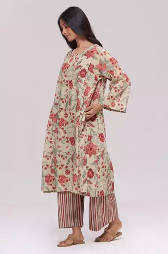Vintage beige and rose floral print kurta and stripe bottom set