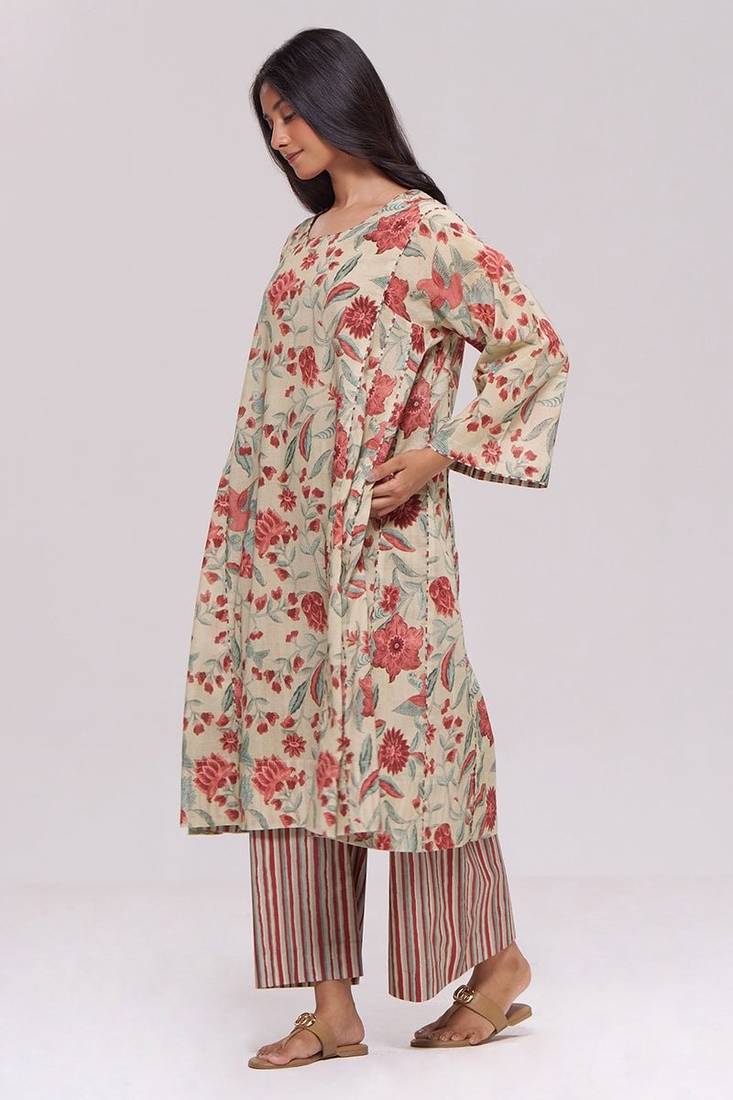 Vintage beige and rose floral print kurta and stripe bottom set