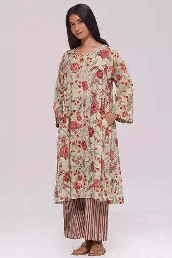 Vintage beige and rose floral print kurta and stripe bottom set