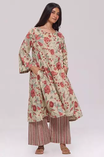 Vintage beige and rose floral print kurta and stripe bottom set