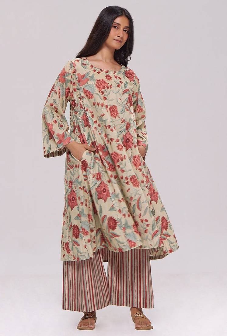 Vintage beige and rose floral print kurta and stripe bottom set