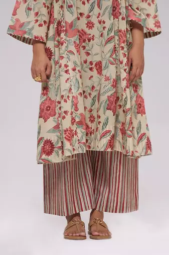 Vintage beige and rose floral print kurta and stripe bottom set
