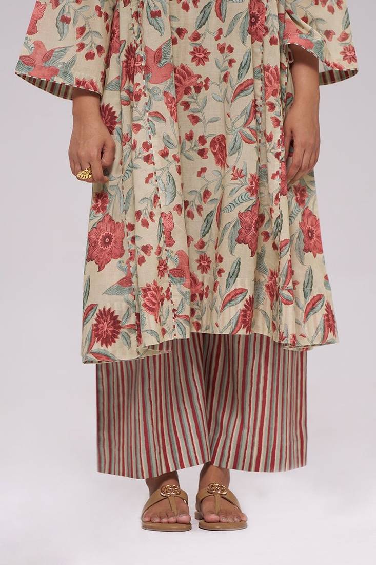 Vintage beige and rose floral print kurta and stripe bottom set