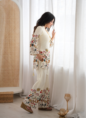 White cotton floral printed kurti & pant set 3