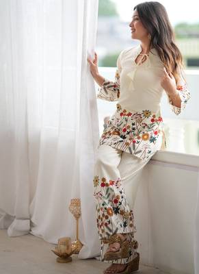 White cotton floral printed kurti & pant set 4