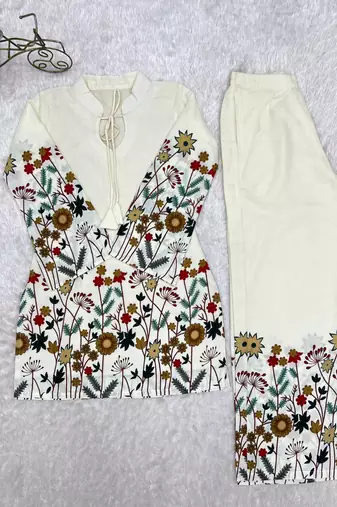 White cotton floral printed kurti & pant set
