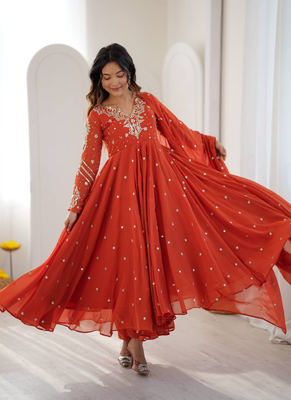 Orange embroiderey work georgette kurta set 1