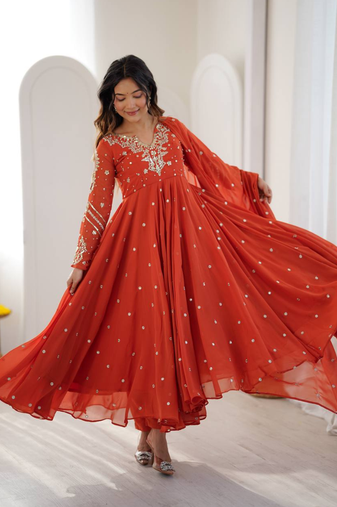 Orange embroiderey work georgette kurta set