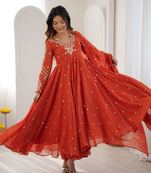 Orange embroiderey work georgette kurta set
