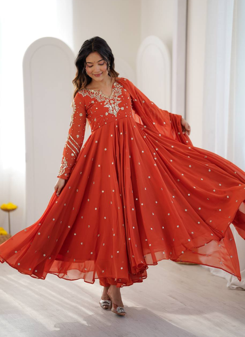Orange embroiderey work georgette kurta set
