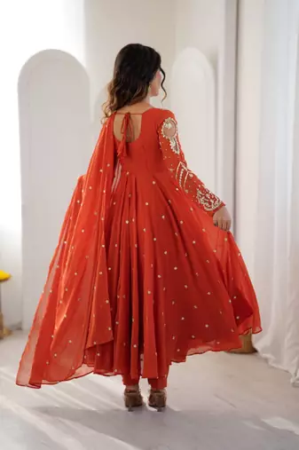 Orange embroiderey work georgette kurta set