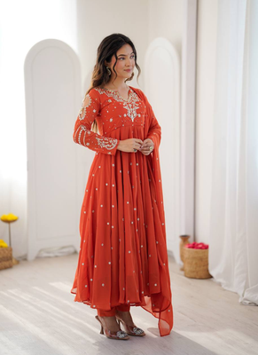 Orange embroiderey work georgette kurta set 3