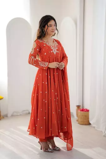 Orange embroiderey work georgette kurta set