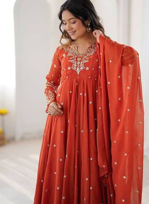 Orange embroiderey work georgette kurta set 4
