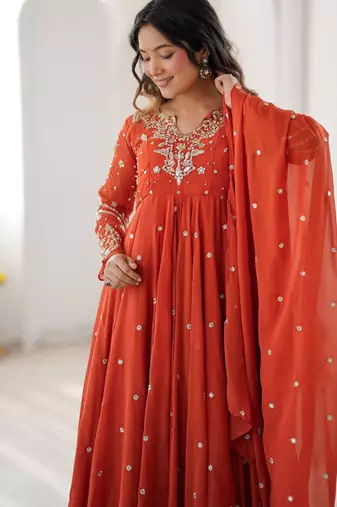 Orange embroiderey work georgette kurta set