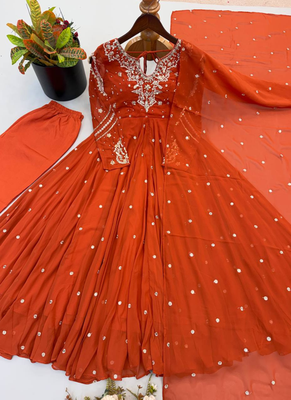 Orange embroiderey work georgette kurta set 5