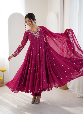Purple embroiderey work georgette kurta set 1