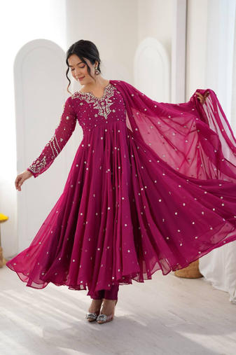 Purple embroiderey work georgette kurta set