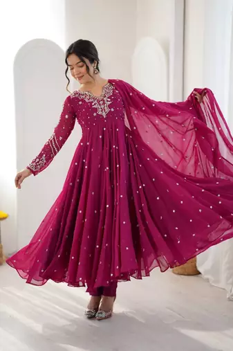 Purple embroiderey work georgette kurta set