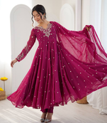 Purple embroiderey work georgette kurta set