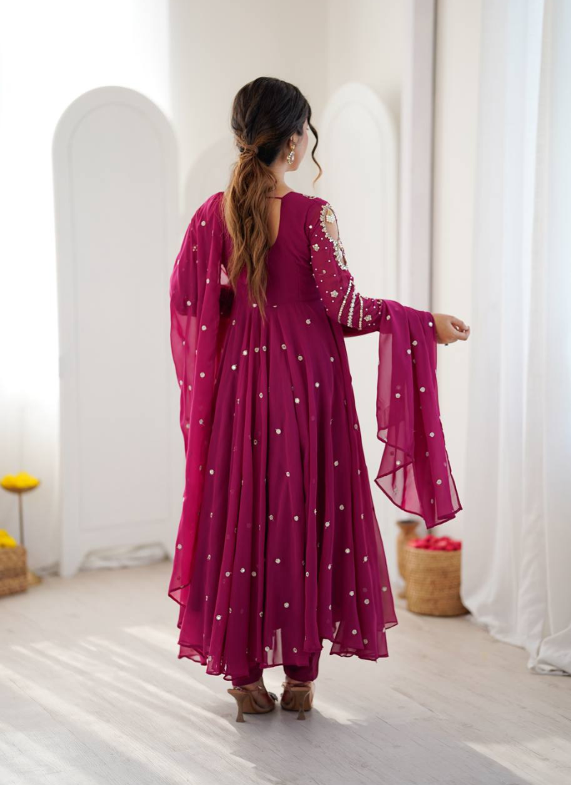 Purple embroiderey work georgette kurta set