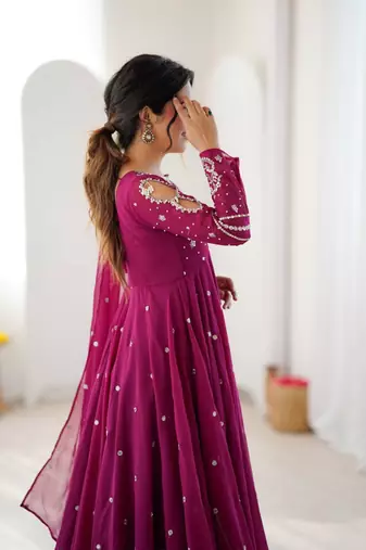 Purple embroiderey work georgette kurta set