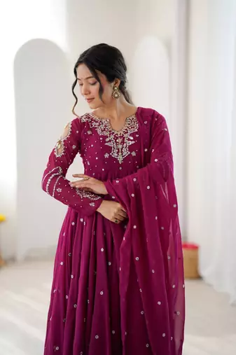Purple embroiderey work georgette kurta set