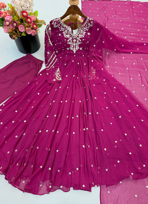 Purple embroiderey work georgette kurta set 5