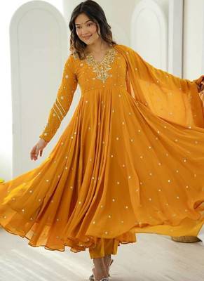 Yellow embroiderey work georgette kurta set 1