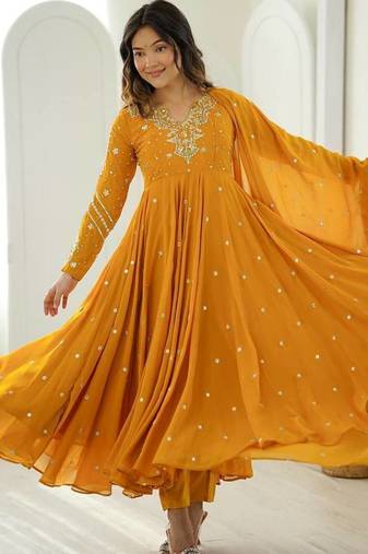Yellow embroiderey work georgette kurta set