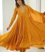 Yellow embroiderey work georgette kurta set