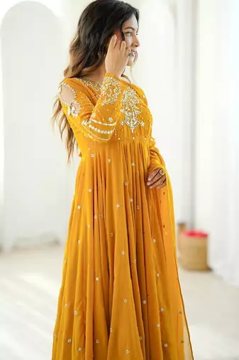 Yellow embroiderey work georgette kurta set