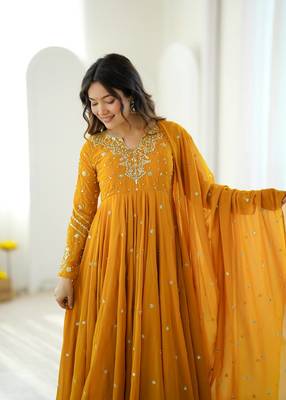Yellow embroiderey work georgette kurta set 4
