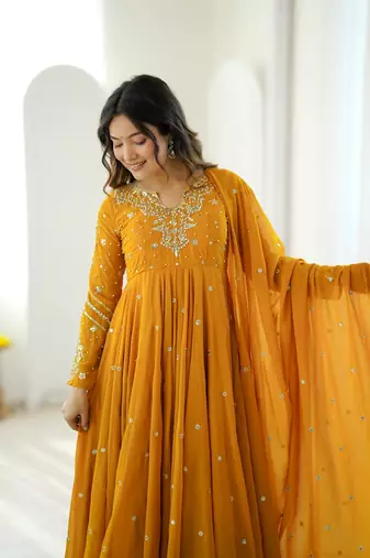 Yellow embroiderey work georgette kurta set