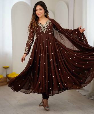 Dark brown embroiderey work georgette kurta set 1