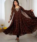 Dark brown embroiderey work georgette kurta set