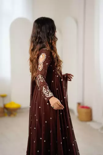 Dark brown embroiderey work georgette kurta set