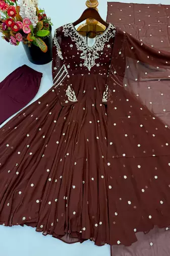 Dark brown embroiderey work georgette kurta set