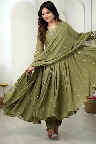 Green embroiderey work georgette kurta set