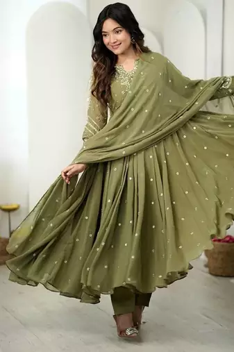 Green embroiderey work georgette kurta set