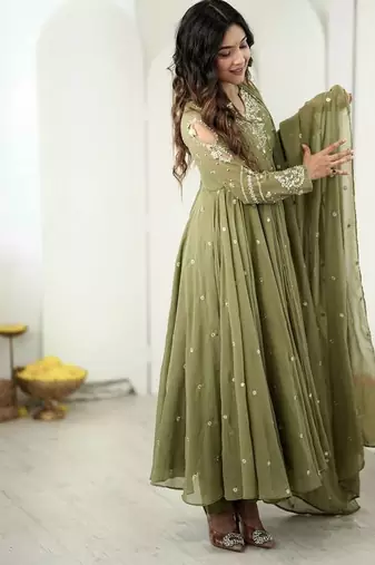 Green embroiderey work georgette kurta set