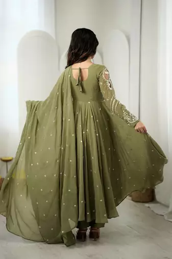 Green embroiderey work georgette kurta set