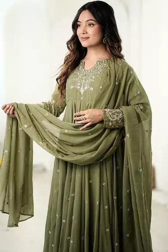 Green embroiderey work georgette kurta set