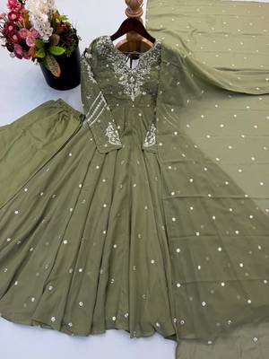 Green embroiderey work georgette kurta set 5
