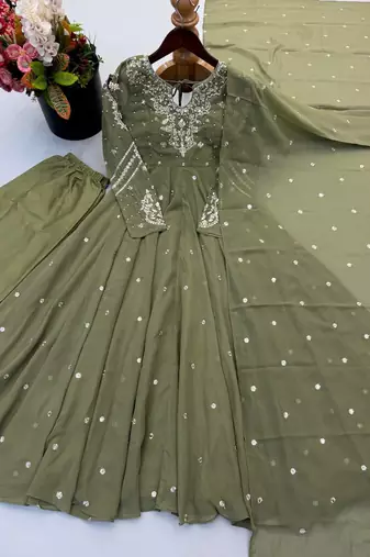 Green embroiderey work georgette kurta set