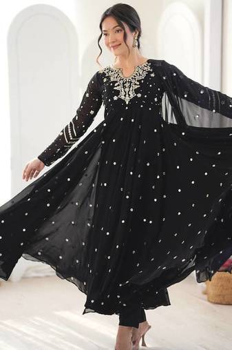 Black embroiderey work georgette kurta set