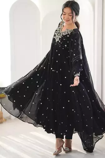 Black embroiderey work georgette kurta set