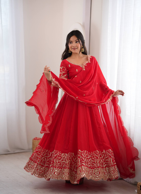 Red sequins & coding work fendi silk gown set 1